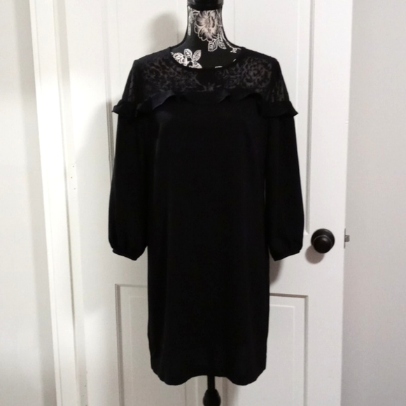 🆕️ 🖤LOFT🖤 - Black L/S Dress w/Sheer Polka Dot Ruffle Detail - Picture 4 of 16